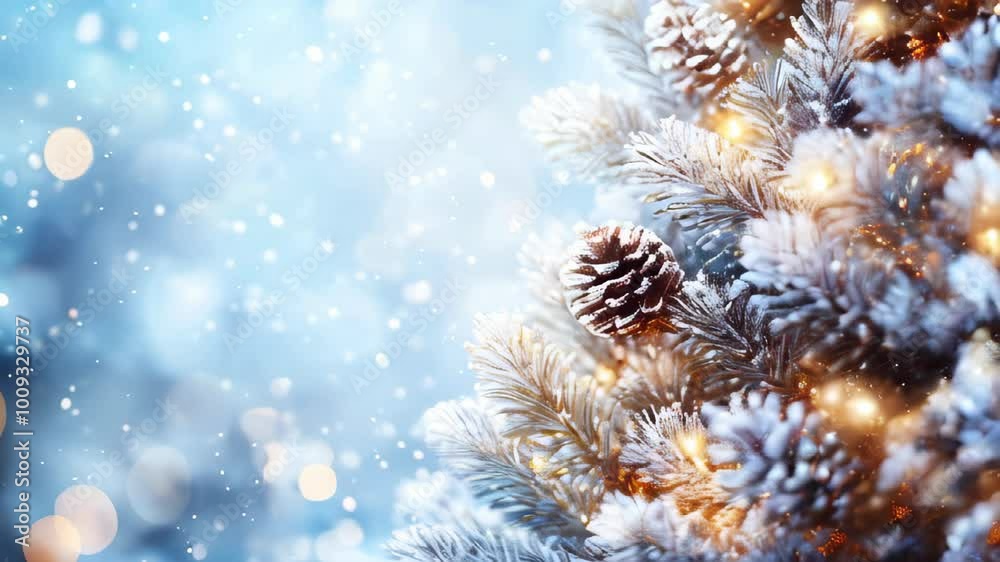 A picturesque view of a snowy pine tree adorned with soft glowing lights and sparkling snow