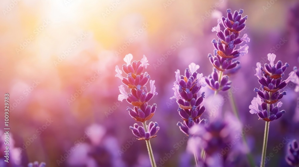 Naklejka premium Lavender flowers blooming in a field with the sun shining through the stems.