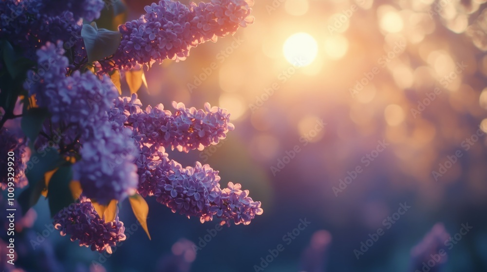 Lilac flowers blooming in the warm light of the setting sun. Lilac flowers blooming in the warm light of the setting sun.