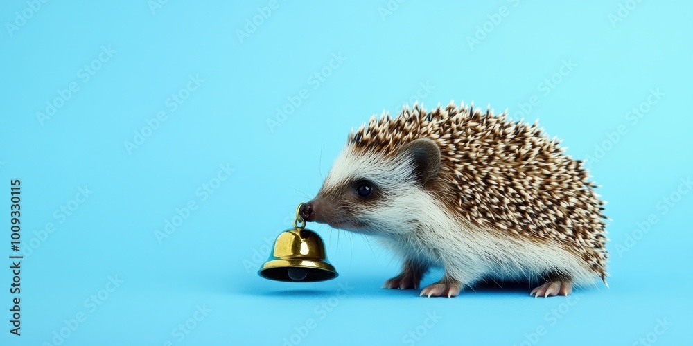 Cute Hedgehog with Christmas Bell on Blue Background Cute Hedgehog with Christmas Bell on Blue Background