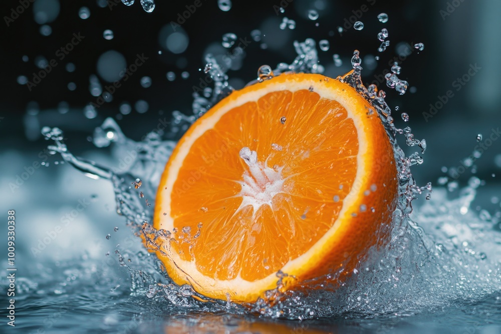 Orange slice falls into water, great for food or liquid concepts Orange slice falls into water, great for food or liquid concepts