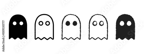 Ghost icon set. Hand-drawn ghost vector illustration. Halloween spook mystery silhouette. Black simple spirit character design. Hand drawn white outline creepy shadow spook symbol. Cute spirit icon.
