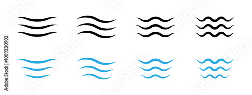 Sea wave icon set. Water surface ripple vector illustration. River flow sign. Liquid abstract symbol. Ocean tide curve pictogram. Fluid stream waves concept collection graphic outline design.