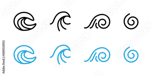 Tide icon set. Sea wave vector illustration. Ocean surf symbol. Wind flow sign. Water ripple pictogram. Spiral vortex logo. Swirl concept. High tide blue outline icon collection. Water curve.