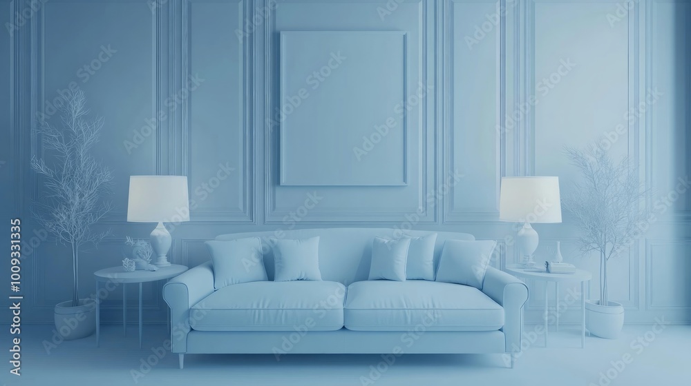 Fototapeta premium Minimalist living room interior with a sofa, two lamps, and two side tables with plants in a light blue color scheme.