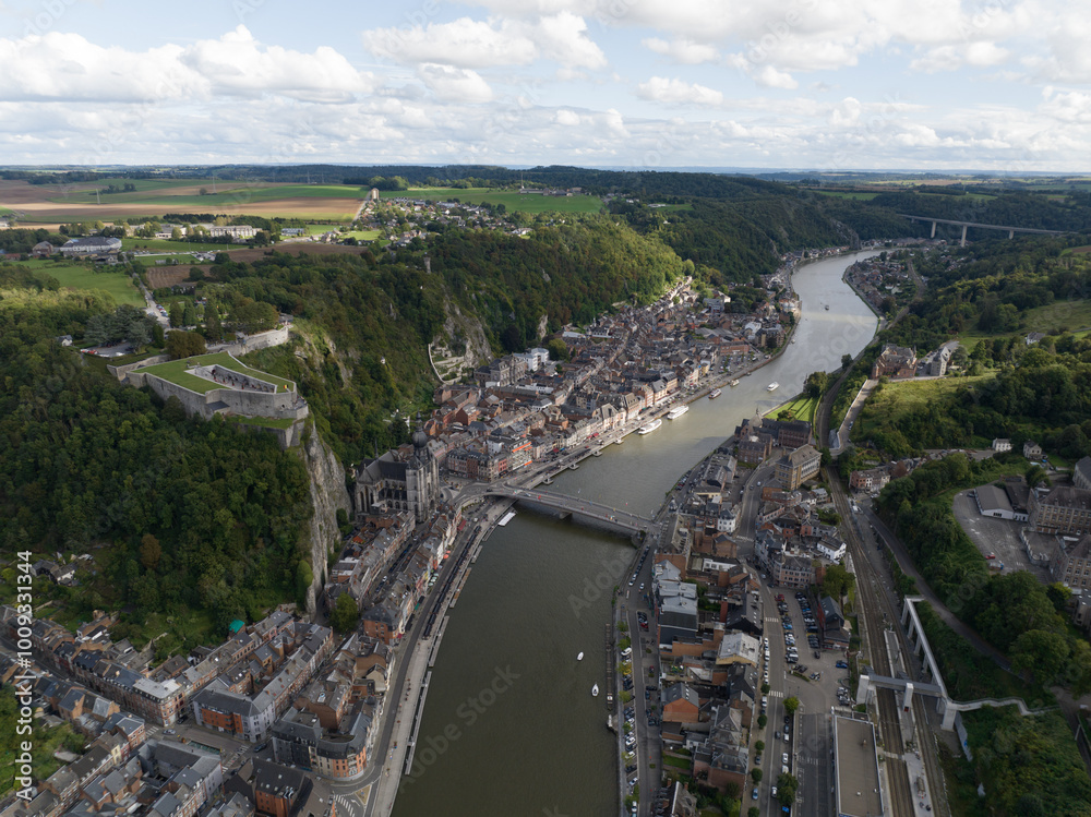 Fototapeta premium Dinant, Wallonia, Belgium, small city scape river Meuse, aerial drone view.