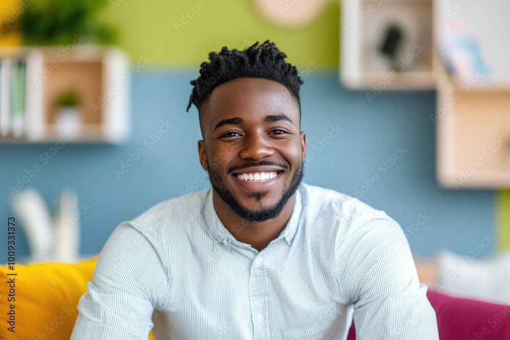 A happy man sitting on a couch with a warm smile, ready for a photo shoot or casual conversation A happy man sitting on a couch with a warm smile, ready for a photo shoot or casual conversation