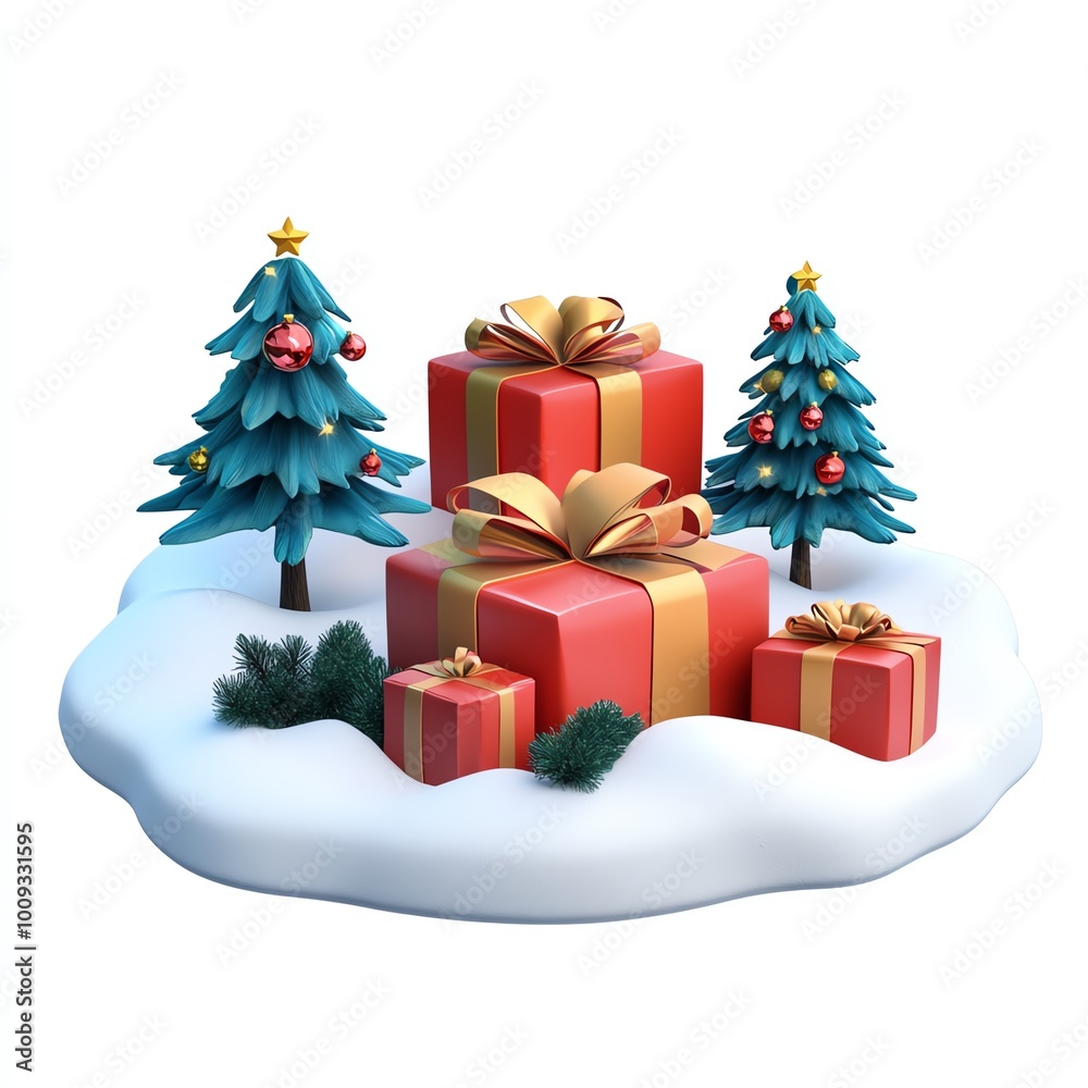 Gifts and Christmas trees on snow, isolated. Gifts and Christmas trees on snow, isolated.