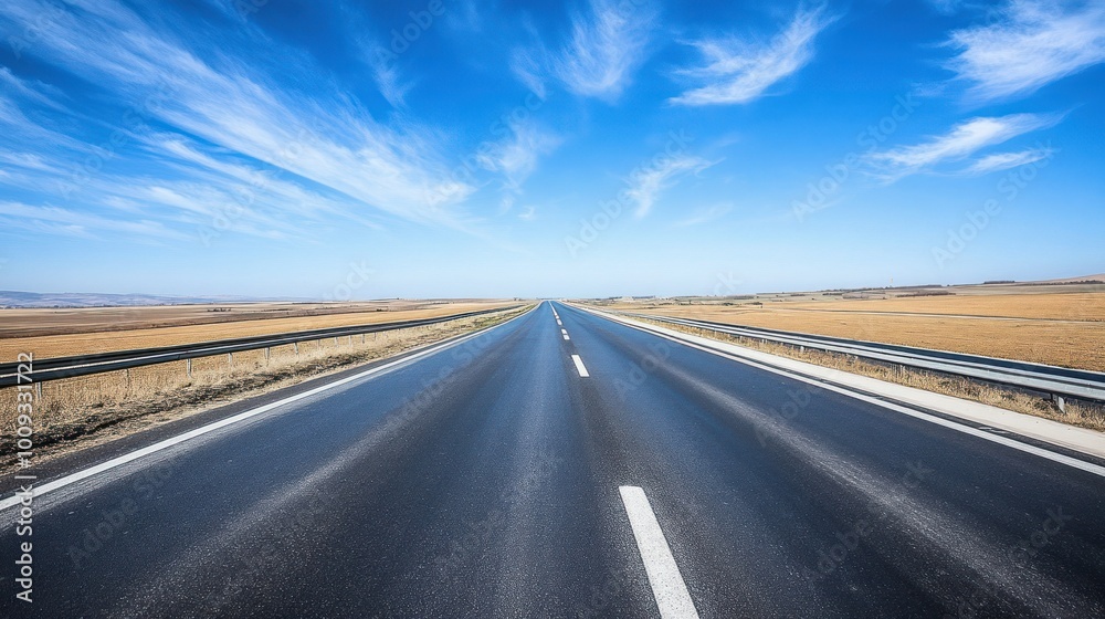 Naklejka premium A stunning POV image from a car driving on an empty highway during a sunny day. Ideal for themes of journey, open road, or serene driving experiences.