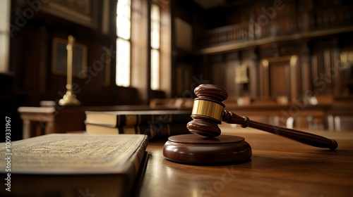 Gavel and books on a wooden table in a courtroom.