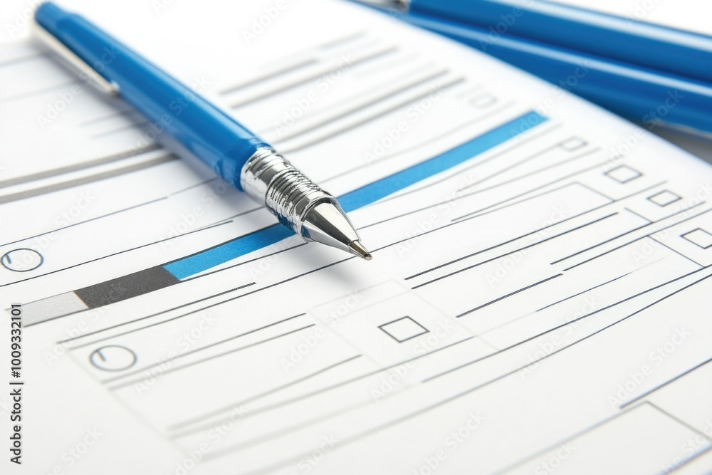 A pen resting on top of a blank piece of paper, ready for use A pen resting on top of a blank piece of paper, ready for use