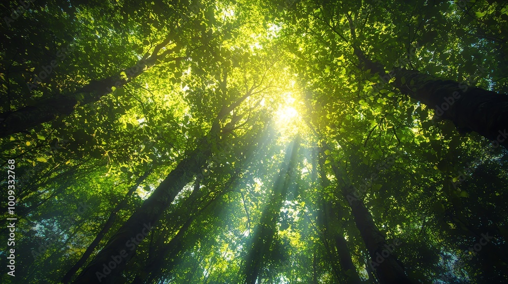 Fototapeta premium Sunlight filtering through a dense forest canopy