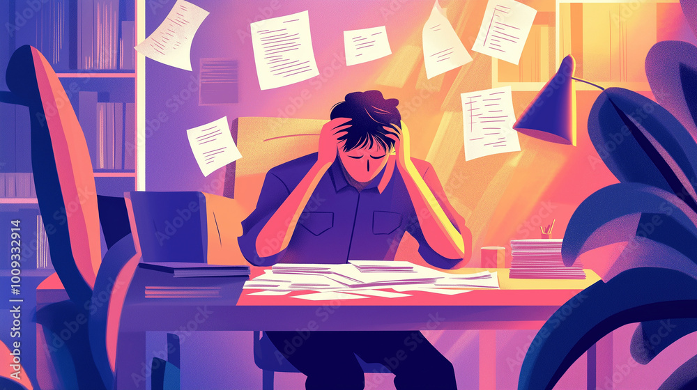 A tired employer sitting at a desk, head in hands, surrounded by paperwork A tired employer sitting at a desk, head in hands, surrounded by paperwork