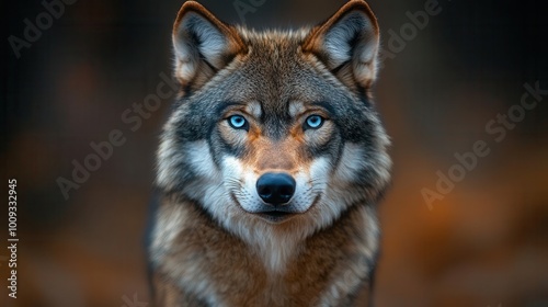 striking portrait of a brown and grey wolf with piercing blue eyes capturing the wild spirit and beauty of this majestic creature in a natural setting