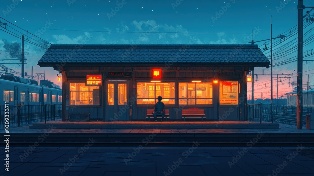 A wide view of an empty train station at twilight, featuring softly glowing lights and a cartoon figure sitting alone on a bench, evoking feelings of solitude A wide view of an empty train station at twilight, featuring softly glowing lights and a cartoon figure sitting alone on a bench, evoking feelings of solitude