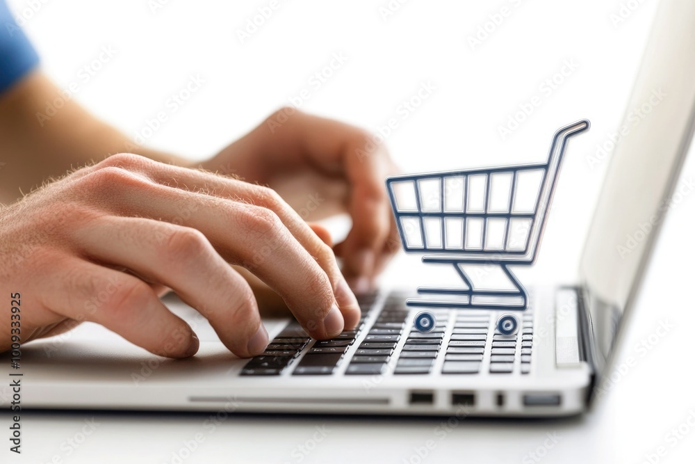 A person working on their laptop with a shopping cart icon on the keyboard, suitable for e-commerce or online shopping themes A person working on their laptop with a shopping cart icon on the keyboard, suitable for e-commerce or online shopping themes