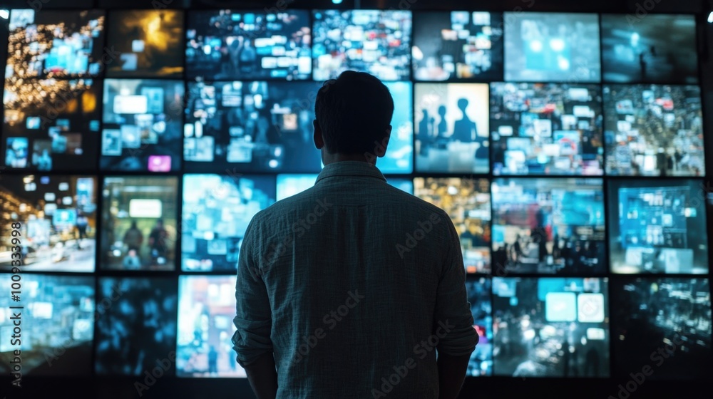 A person standing in front of multiple television screens, possibly in a control room or broadcasting studio A person standing in front of multiple television screens, possibly in a control room or broadcasting studio