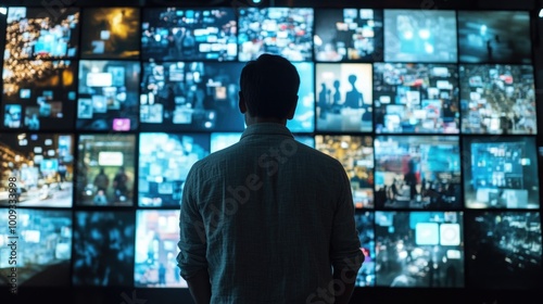 A person standing in front of multiple television screens, possibly in a control room or broadcasting studio