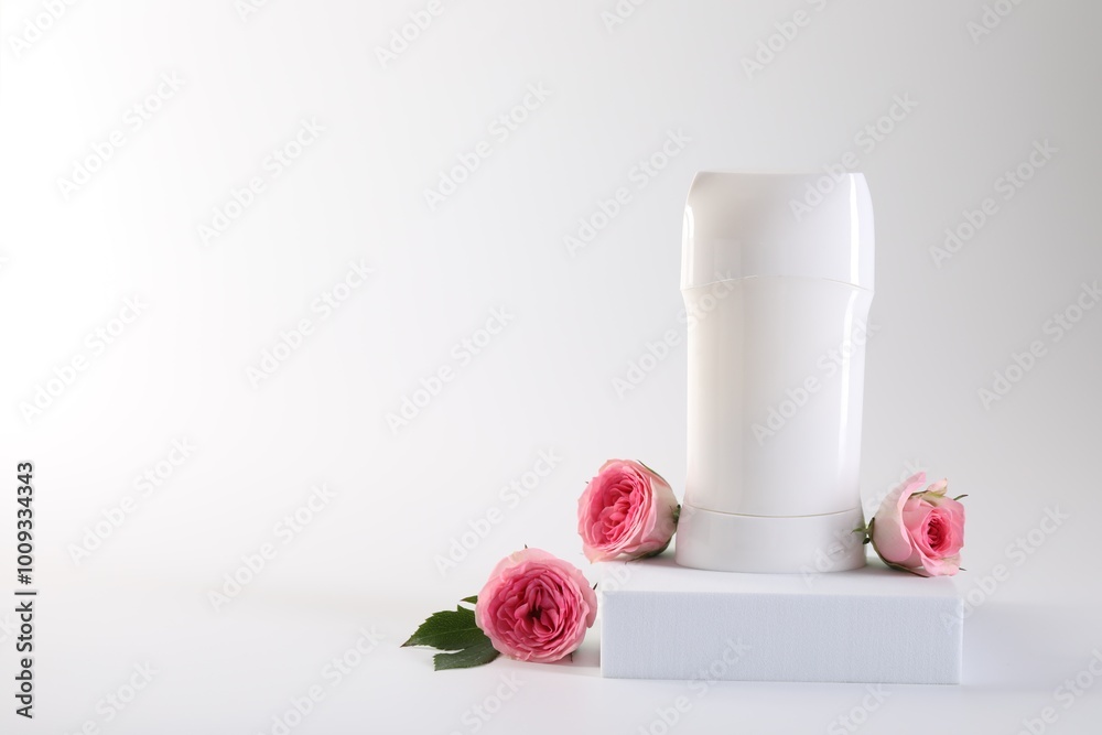Solid deodorant and beautiful rose flowers on white background, space for text Solid deodorant and beautiful rose flowers on white background, space for text