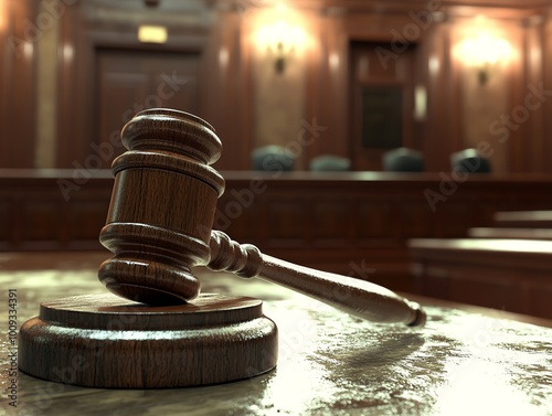 Gavel on table in a courtroom setting.
