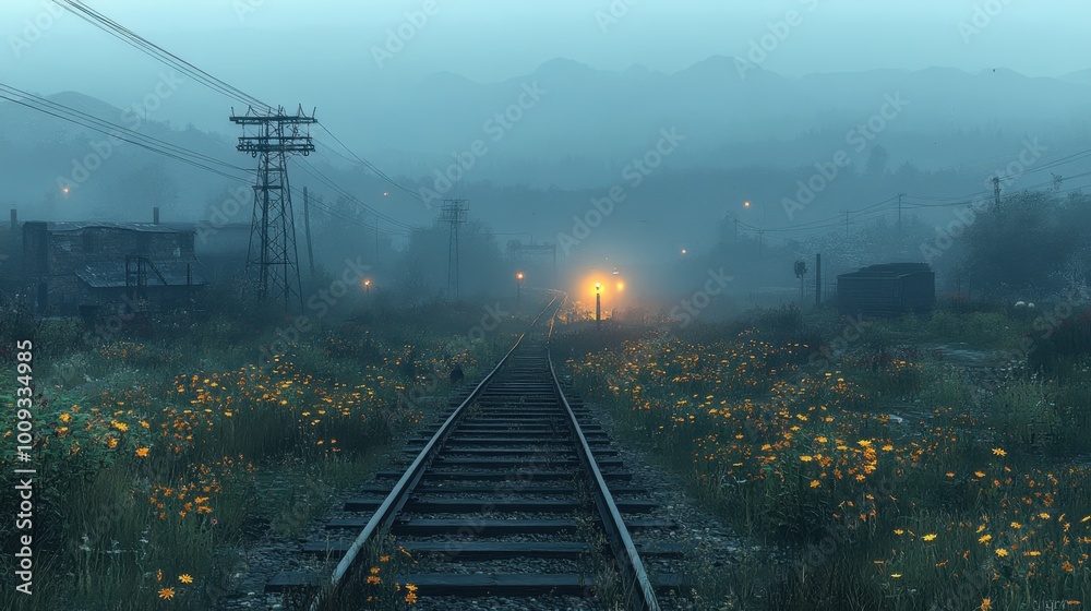 Fototapeta premium A character enjoying a quiet moment by the train tracks at twilight, framed by muted wildflowers and softly glowing lights, capturing tranquility 