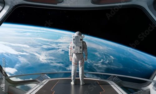 An astronaut stands in a futuristic spacecraft  gazing out a large window at a detailed Earth.