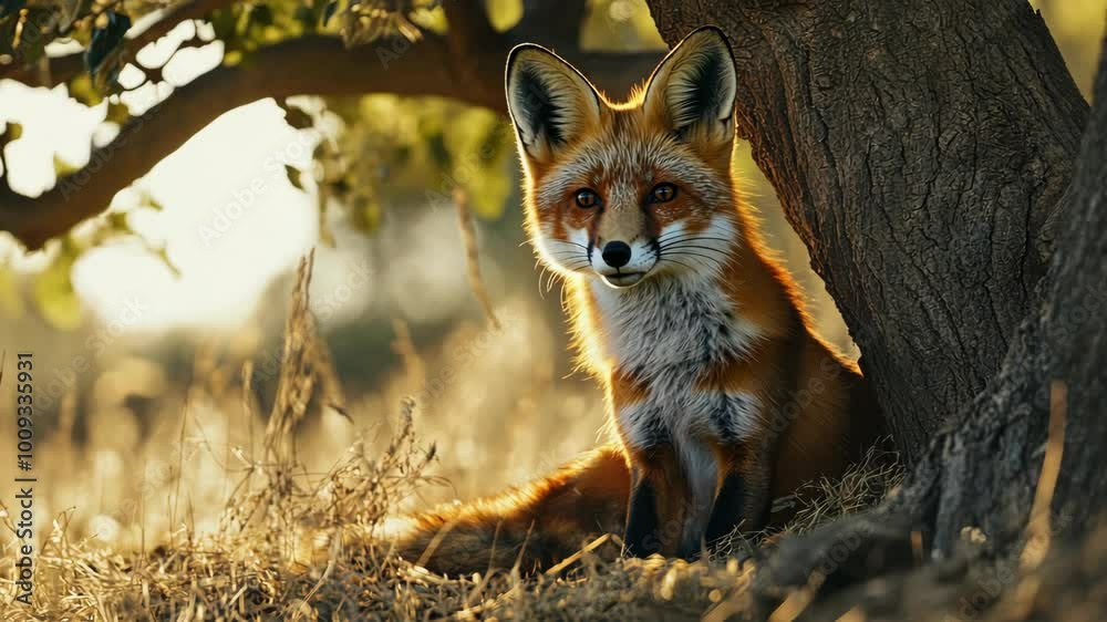 A red fox sits in the shade of a tree, looking intently at the camera A red fox sits in the shade of a tree, looking intently at the camera