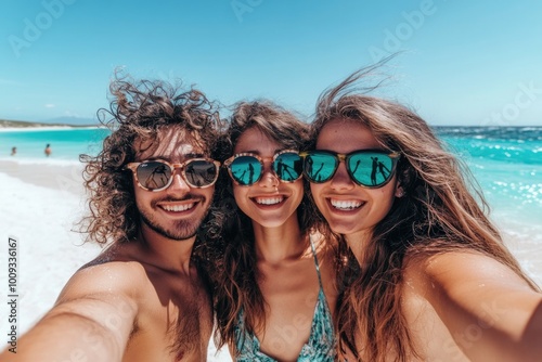 Three friends capturing memories on a sunny beach day photo