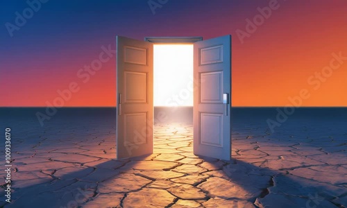 Bright light through open white door in desolate landscape.