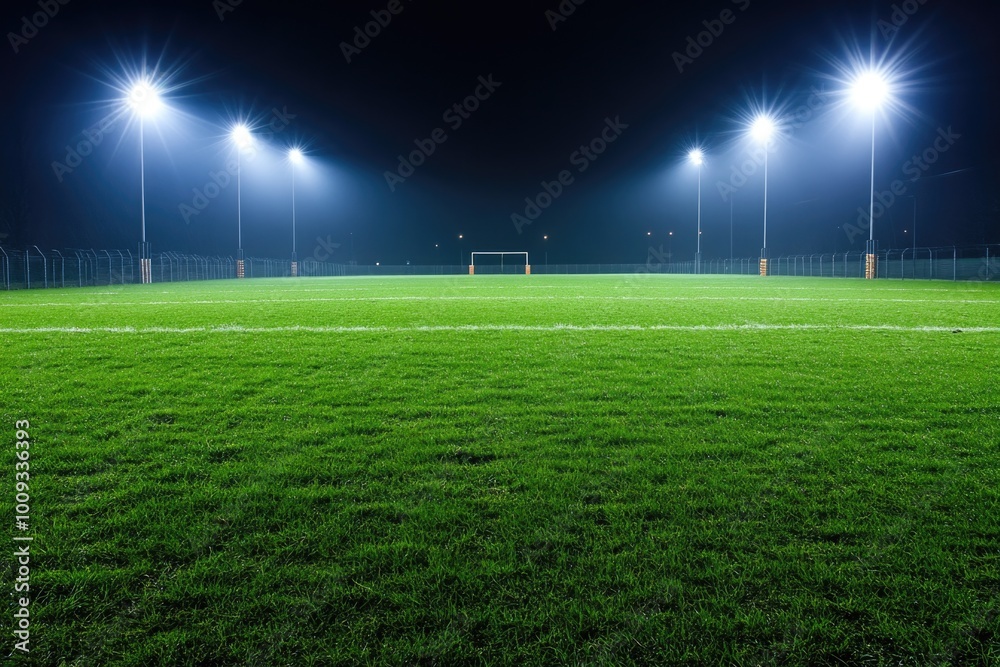 Soccer field illuminated at night with bright floodlights, ideal for sports events or evening games Soccer field illuminated at night with bright floodlights, ideal for sports events or evening games