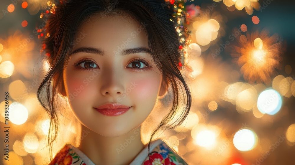 studio portrait captures a japanese woman in a floral yukata set against a lively fireworks backdrop evoking cultural celebration and festive spirit studio portrait captures a japanese woman in a floral yukata set against a lively fireworks backdrop evoking cultural celebration and festive spirit