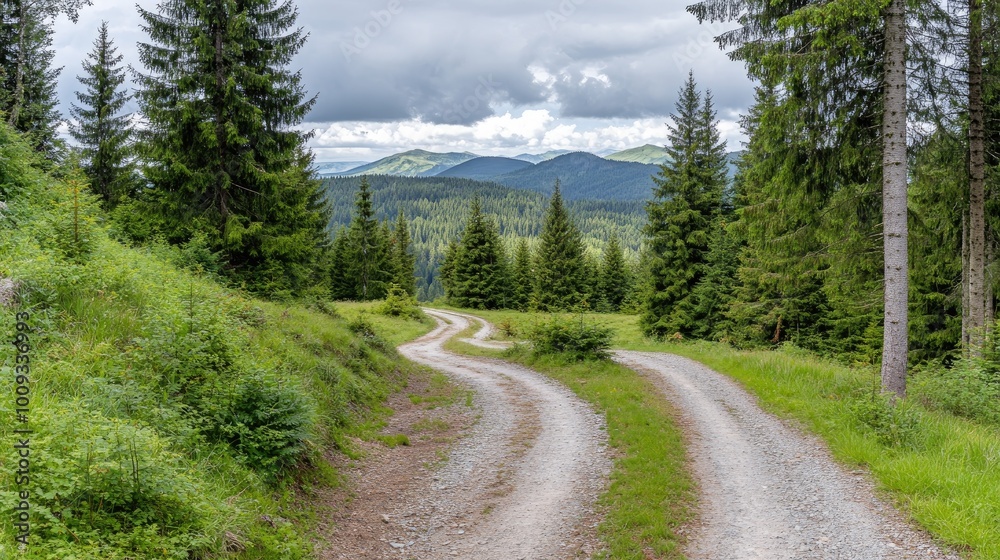 A winding dirt path leads through a beautiful, misty forest filled with vibrant green coniferous trees, creating a serene and inviting atmosphere in Germany's lush landscape A winding dirt path leads through a beautiful, misty forest filled with vibrant green coniferous trees, creating a serene and inviting atmosphere in Germany's lush landscape