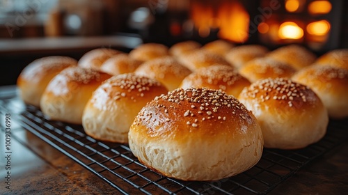 A cozy kitchen atmosphere with freshly baked bread buns cooling on a rack, emphasizing warmth and home cooking