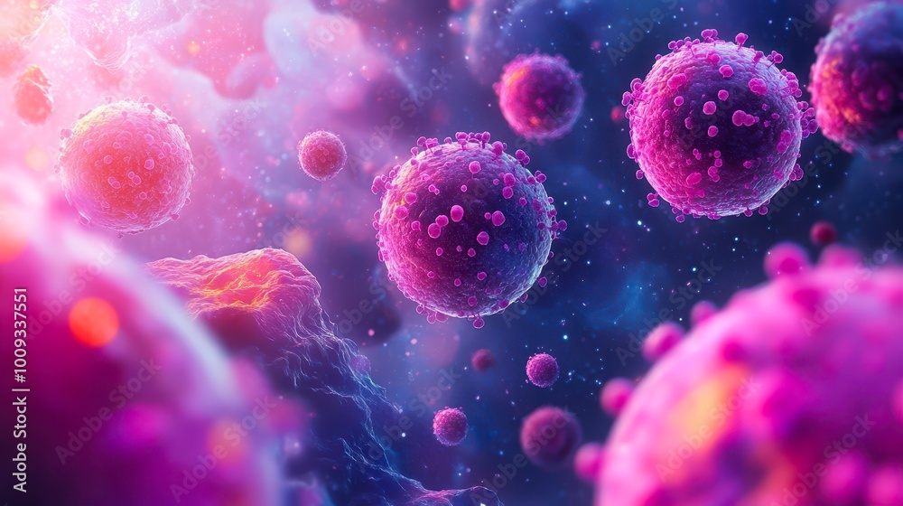 Vibrant, close-up view of colorful, glowing virus particles floating in a cosmic background, Ideal for scientific articles, educational materials Vibrant, close-up view of colorful, glowing virus particles floating in a cosmic background, Ideal for scientific articles, educational materials