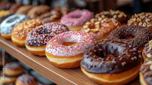 A row of donuts with a variety of toppings, such as chocolate drizzle, nuts, and sprinkles, on a bakery display shelf with a blurred background of other pastries.