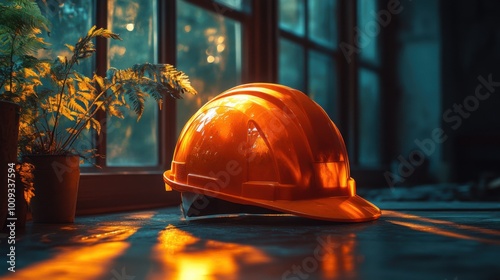 Orange Hard Hat with Sunlit Ferns in Warm Ambient Workspace photo