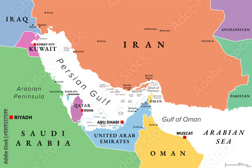 Persian Gulf region, multi colored political map. Arabian Gulf, a sea in West Asia, located between Iran and the Arabian Peninsula, connected to the Gulf of Oman in the east by the Strait of Hormuz.