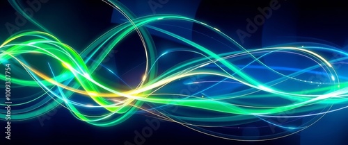 Futuristic Emerald and Sapphire Light Streams with Metallic Accents for Desktop Backgrounds