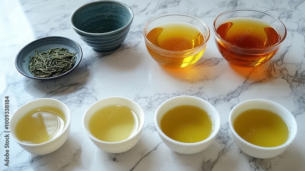 A row of four white bowls with different colored liquids in them A row of four white bowls with different colored liquids in them