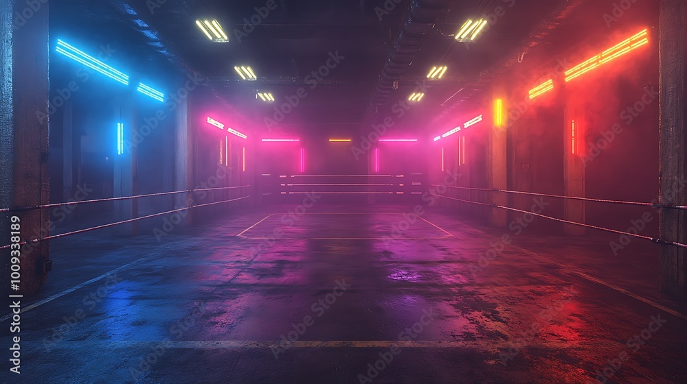 A dark, industrial-style tunnel with bright neon lights. A dark, industrial-style tunnel with bright neon lights.