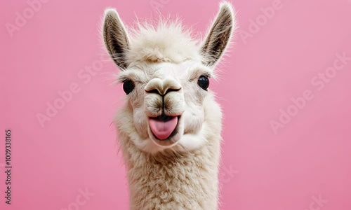 Adorable white llama sticking out its tongue against a pink background, adding a playful and humorous touch. Close-up shot highlighting the llama's fluffy fur and expressive face.