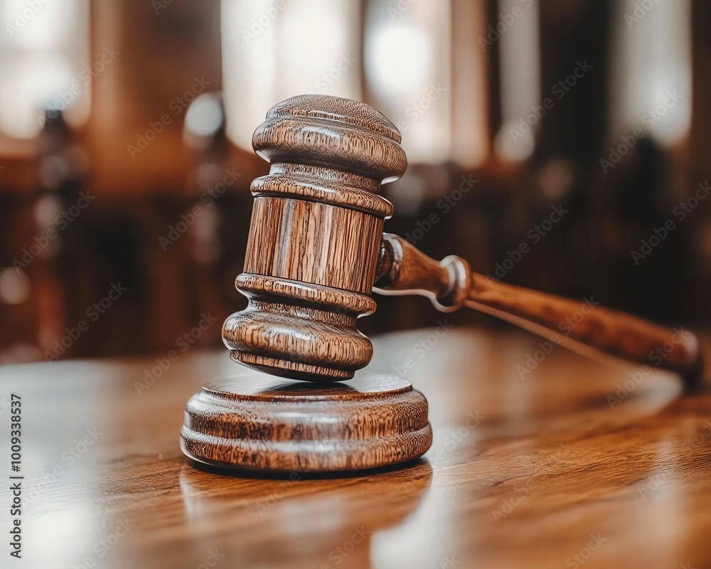 Wooden gavel on a courtroom table.