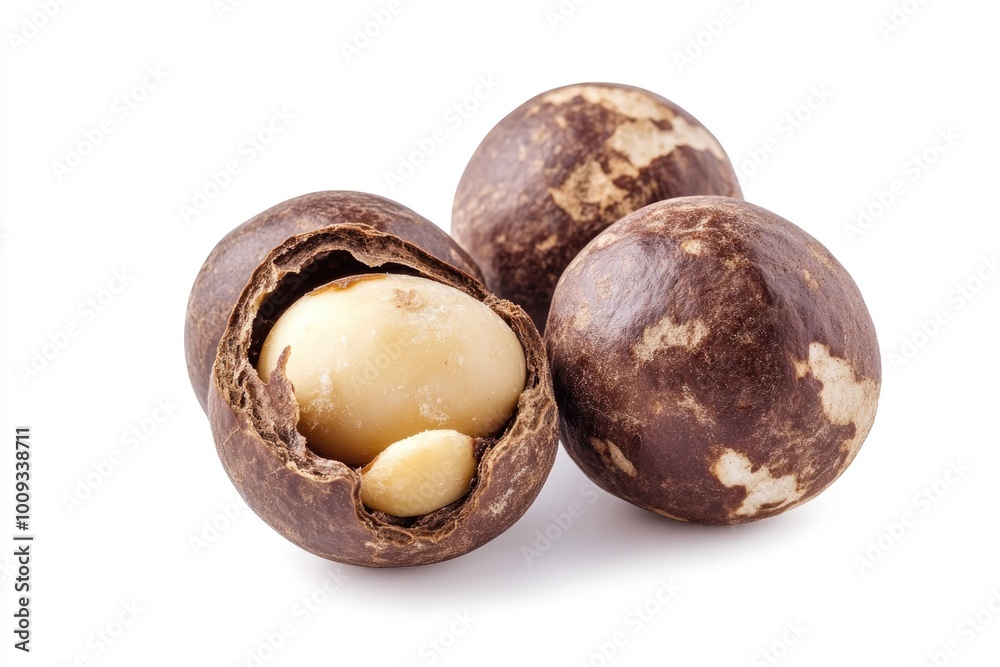 Close-up shot of various nuts arranged on a clean white background