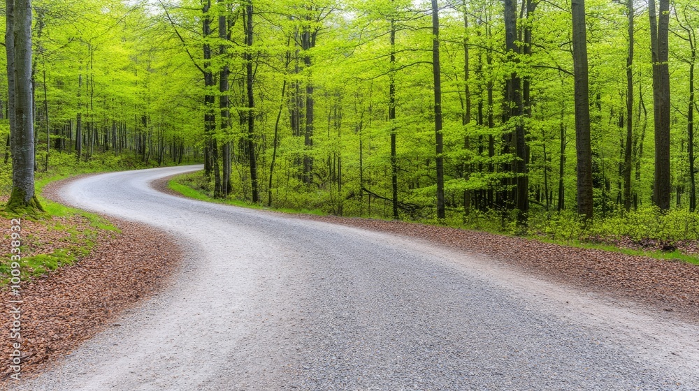 Fototapeta premium A winding dirt path leads through a beautiful, misty forest filled with vibrant green coniferous trees, creating a serene and inviting atmosphere in Germany's lush landscape