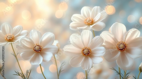 elegant white flowers gently arranged against a soft bokeh background evoking a sense of mourning and remembrance with ample space for heartfelt messages