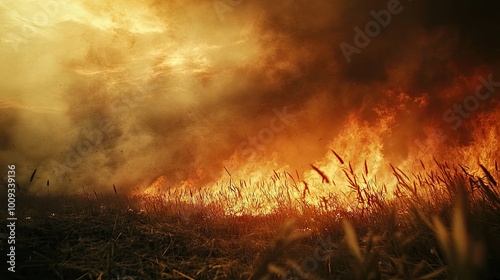 Flames engulfing dry grass during a wildfire, with thick smoke in the background, depicting the destructive power of nature.