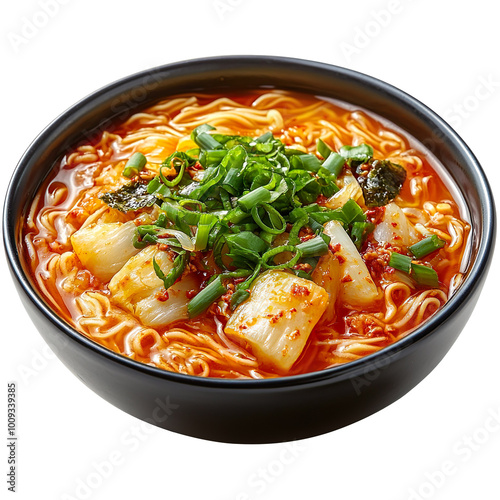 Bowl of rice noodles with kimchi isolated on transparent background