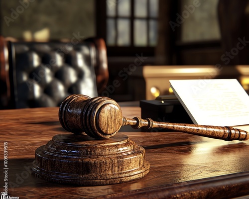 Wooden gavel on sound block on a desk. photo