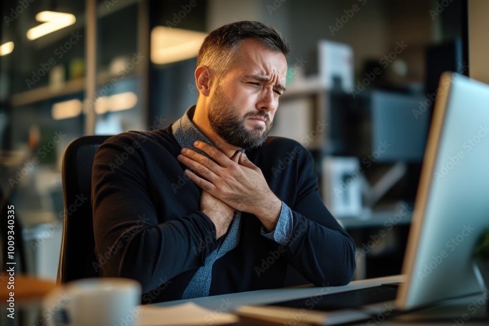 A person sits at a desk with their hands placed on their chest, ready for something A person sits at a desk with their hands placed on their chest, ready for something