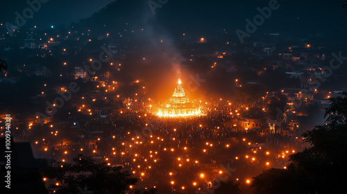 festive scene of Karthigai Deepam festival, huge lanterns are lit on the holy hill near Arunachaleswarar temple, thousands of people gather around the hill watching the holy light shine photo